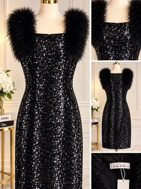 Tyler Boe Black Sequence Cocktail Dress with Fur embellishments.